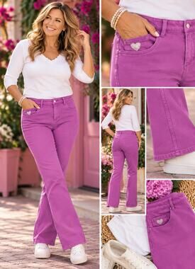 Quacker Factory DreamJeannes Women’s 10 Fuchsia Stretch Jeans Rhinestone Heart